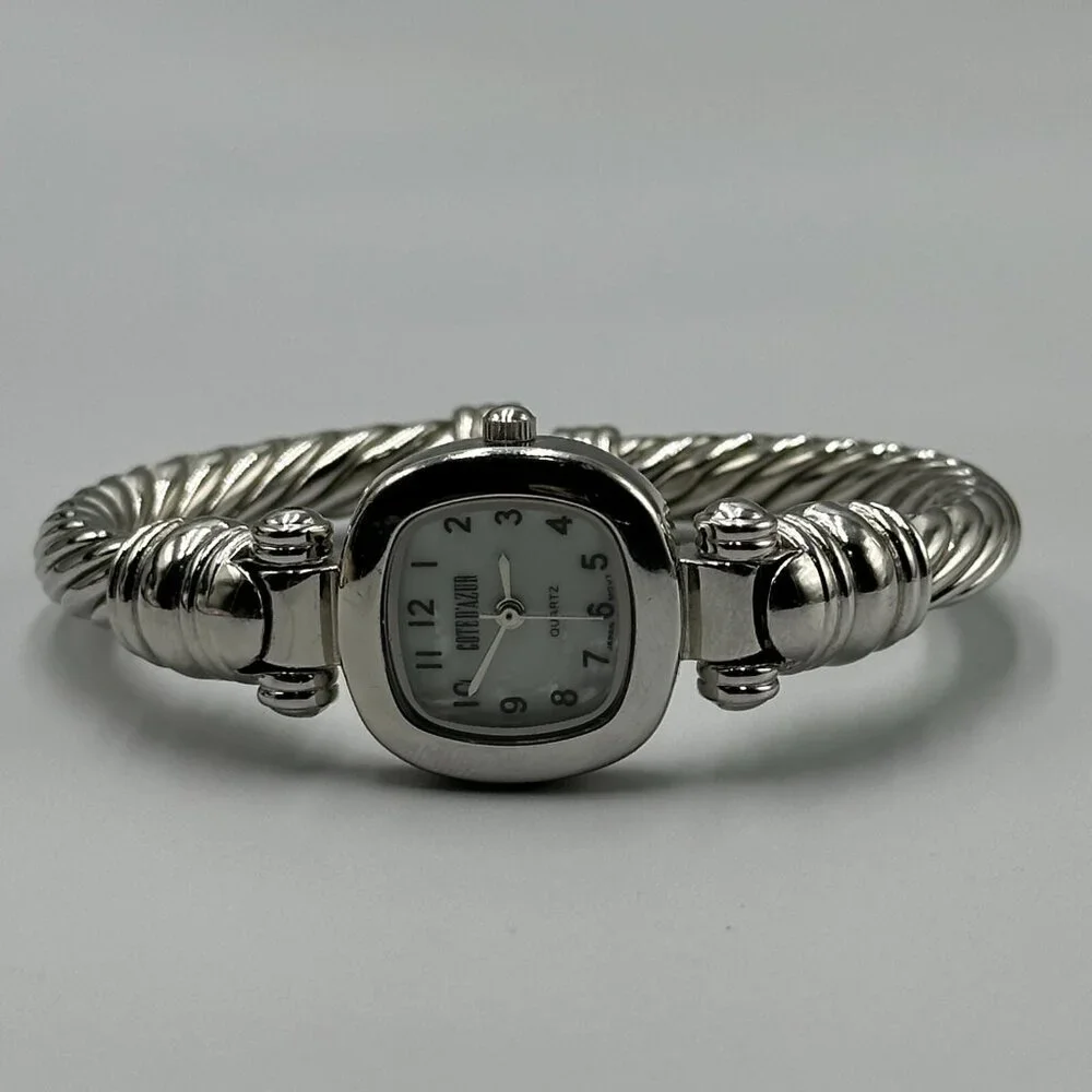 Cote D'Azur Watch Women Silver Tone Twisted Rope Hinged Cuff Band New Battery
